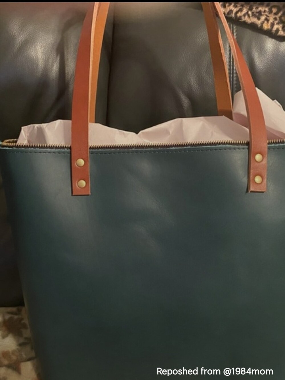 Caribbean Leather Tote Bag with Tan Handles